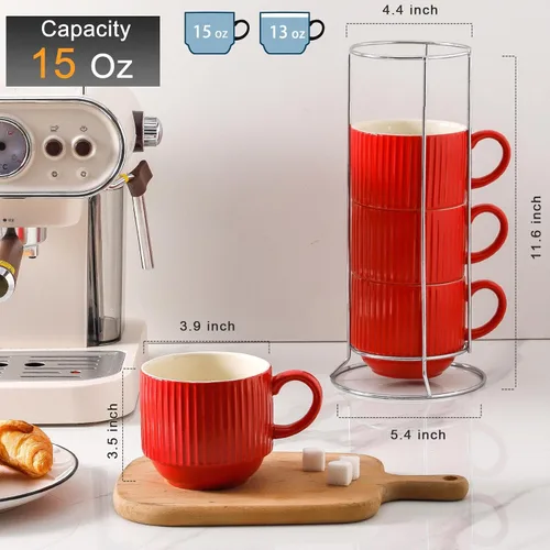 Miniatura 3 de Hasense Tazas de café rojas, juego de 4 tazas de café apilables de 15 onzas con estante – Juego de tazas de latte de cerámica grandes y acanaladas