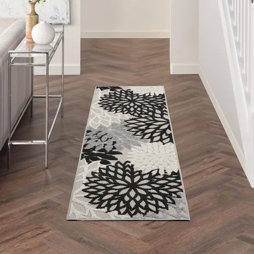 Miniatura 4 de Nourison Aloha - Tapete negro/blanco para interior o exterior, 2 pies y 3 pulgadas x 8 pies, tropical, botánico, fácil limpieza, no desprende pelo