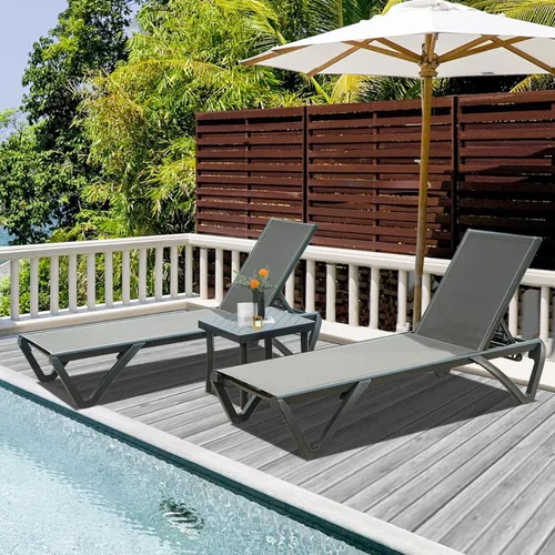 Domi - Juego de 3 tumbonas para patio, sillas de aluminio de polipropileno para exteriores con 5 posiciones ajustables, mesa auxiliar para playa,