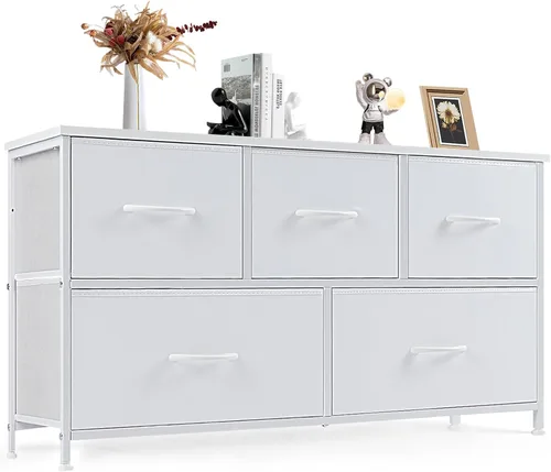 Miniatura 10 de DUMOS Cómoda para dormitorio, organizador de almacenamiento con 9 cajones, cómoda con cubos de tela, marco de metal resistente, mesa de madera