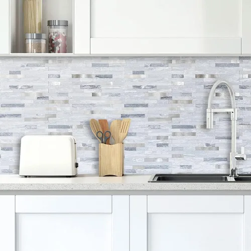 Miniatura 4 de DICOFUN - Azulejo adhesivo de loseta en muro para la cocina, piedra faxu gris claro, PVC con metal mixto, 1 lámina