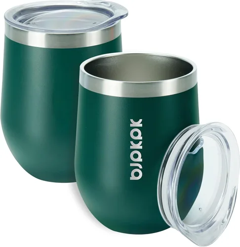 Miniatura 14 de BJPKPK 2 vasos de vino aislados de 12 onzas, tazas de café al vacío de doble pared de 12 onzas con tapa, vasos de vino de acero inoxidable A-verde