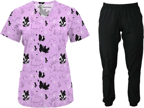 Miniatura 2 de Conjunto médico de enfermería para mujer, camiseta estampada GT 4FLEX y pantalón deportivo, piedra preciosapantalón negro, talla XL, GemstoneBlack