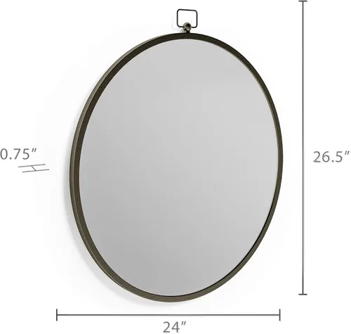 Miniatura 5 de Barnyard Designs Espejo redondo de pared de tocador de baño de 24 pulgadas con colgador de cerradura, marco de metal circular para dormitorio
