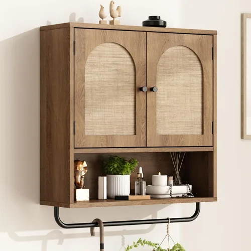 Miniatura 11 de RUSTOWN Gabinete de pared de ratán para baño, gabinete de medicina Boho con 2 puertas arqueadas, gabinetes de almacenamiento sobre el inodoro