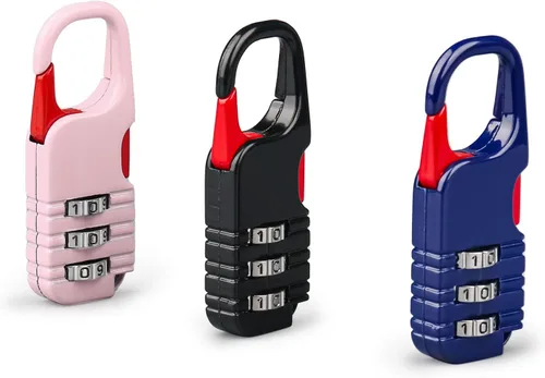 BARRYSAIL - Mini candado, juego de 3 cerraduras pequeñas con combinación de 3 dígitos para niños, mochila con cremallera (negro, azul + rosa)