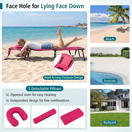 Miniatura 4 de Goplus Silla de bronceado, silla de playa plegable con agujero facial, almohada extraíble, correa de transporte, posición ajustable, silla