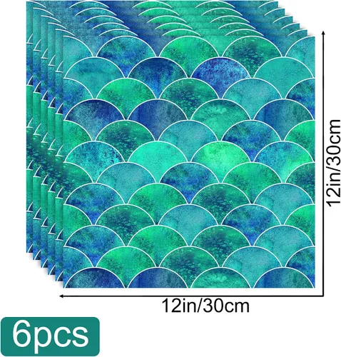 Miniatura 2 de Hyun-chae - 6 calcomanías de escamas de peces de 12 x 12 pulgadas, color azul, removibles, impermeables, autoadhesivas, para cocina, muebles de baño