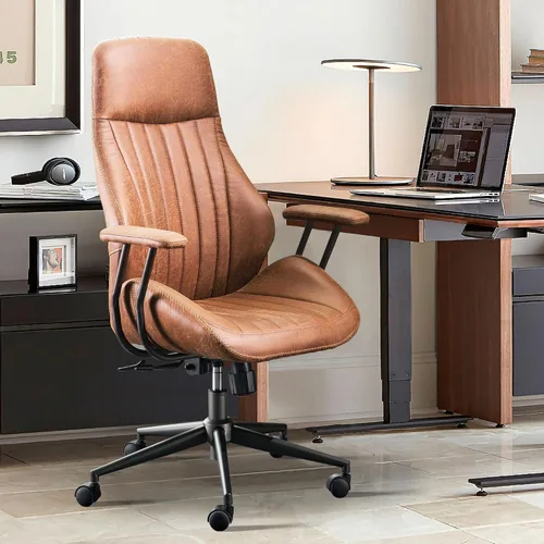 Miniatura 11 de ovios Silla de oficina en casa, sillas ergonómicas de piel sintética de mediados de siglo, respaldo medio, cómodo sillón ejecutivo giratorio