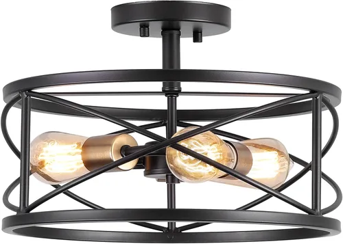 Miniatura 8 de mavcadonf Lámpara de techo semiempotrada de 2 luces, de 14 pulgadas, industrial y moderna, con jaula de metal, lámpara de techo con acabado