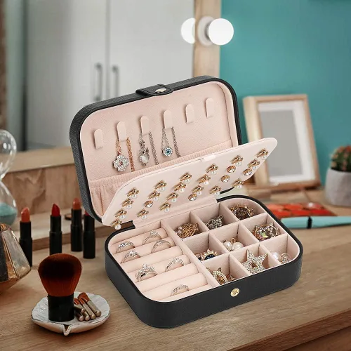 Miniatura 2 de FEISCON Joyero pequeño organizador de almacenamiento para collares, anillos, mini joyero, organizador de joyas de viaje de doble capa para mujeres