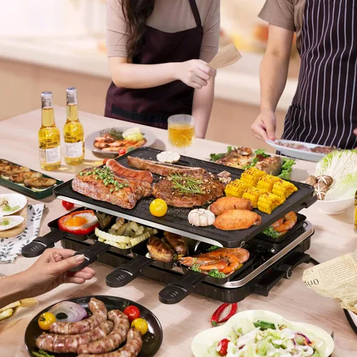 Miniatura 2 de Parrilla de Mesa Raclette, Parrilla Interior para Barbacoa Coreana Eléctrica Plancha Eléctrica 2 en 1 Antiadherente con 8 Bandejas para Queso
