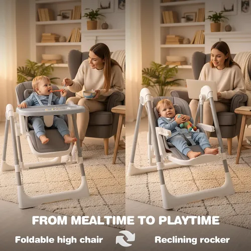 Miniatura 5 de Sillas altas para bebés y niños pequeños, se convierten en columpios de bebé, silla alta plegable, ajustable, convertible con asiento reclinable