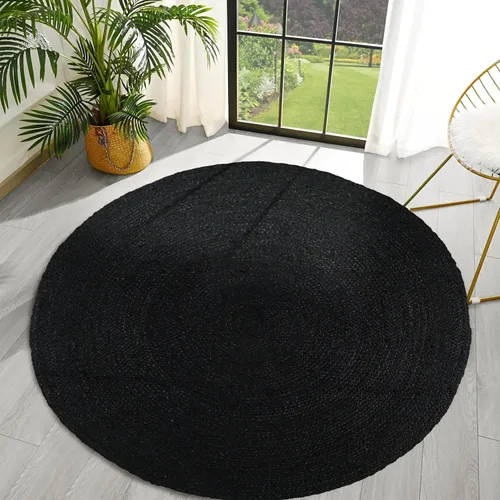 Miniatura 4 de Alfombra de Yute Trenzada Tejida a Mano - 4' Redonda - Alfombras de Estilo Granja Reversibles Negras para Sala de Estar, Dormitorio, Comedor, Cocina