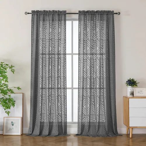 Miniatura 76 de Simplebrand Cortinas traslúcidas negras de cocina de 24 pulgadas de largo, 2 paneles, filtrado de luz, geométrico jacquard con textura, cortinas