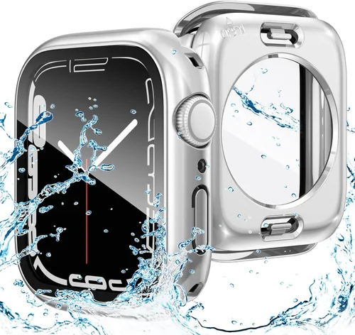Goton Funda impermeable 2 en 1 para Apple Watch Series 9, 8, 7, protector de pantalla de 1.772 pulgadas, cubierta protectora de vidrio 360, Plateado