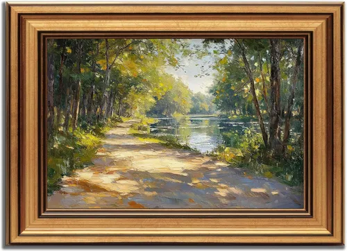 Lienzo enmarcado en oro, bosque de sol, arte de pared, textura 3D, impresionista, paisaje, decoración, imagen, primavera, verano, naturaleza,