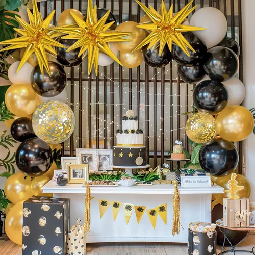 Miniatura 5 de RUBFAC 140 piezas Globos negros y dorados, globos de látex con confeti de estrella en negro y oro metálico de 5, 10, 12, 18 pulgadas para 2026, Año