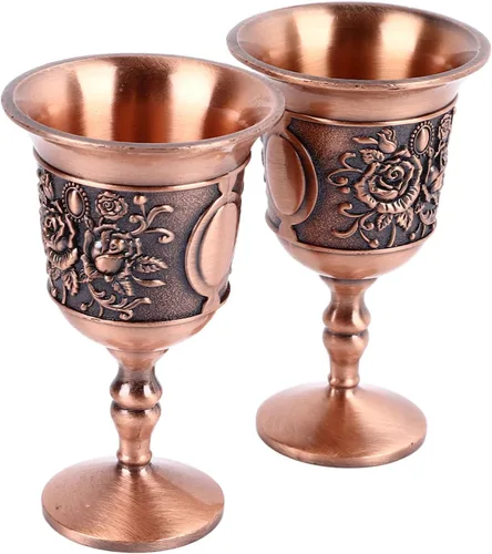 GLOGLOW Juego de 2 copas de vino de metal decorativas vintage en relieve para bar en casa, juego de 2 unidades, añade un toque de elegancia y Oro