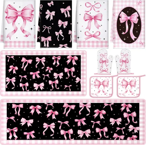 Fourluoo Juego de 10 piezas de decoración de cocina con lazo rosa, 4 paños de cocina a cuadros rosados, 2 soportes para ollas, 2 guantes de horno, 2
