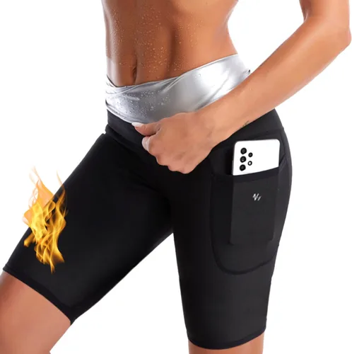 Miniatura 7 de Nano Hertz Traje de sauna para sudar, moldeador, pantalones cortos con bolsillos, entrenamiento de cintura, traje para ejercicio, fitness, gimnasio