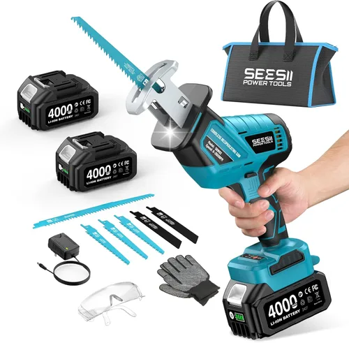 SEESII Sierra de vaivén inalámbrica, motor sin escobillas de velocidad variable de 3500 RPM con 8 hojas de sierra, 2 baterías de 4.0Ah, luz LED,