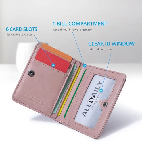 Miniatura 4 de Alldaily Pequeña cartera RFID para mujer, delgada, compacta, plegable, con bolsillo, mini monedero de viaje para mujer, Rosa oscuro, Compacto