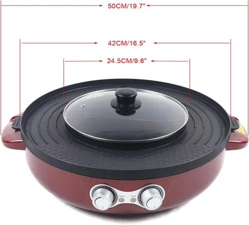Miniatura 2 de 2 en 1 olla eléctrica portátil 110 V 2200 W barbacoa parrilla placa hogar cocina cocina sartén sartén roja (19.7 x 19.7 pulgadas)