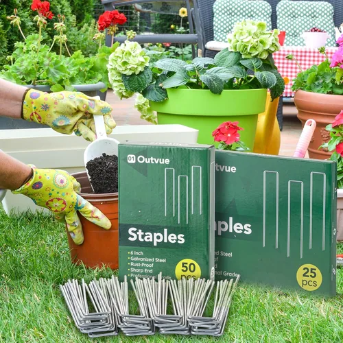 Miniatura 7 de Outvue Paquete de 25 grapas de paisaje de 6 pulgadas, estacas para plantas de calibre 11, estacas galvanizadas de tienda de campaña y estacas