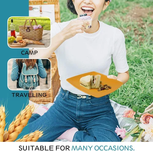 Miniatura 6 de Teivio Juego de vajilla cuadrada de paja de trigo de plástico de 32 piezas para 8, platos de cena irrompibles, platos de ensalada, cuencos de Otoño