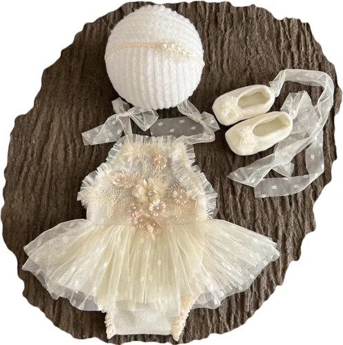 Miniatura 7 de Zeroest Conjunto de Accesorios para Fotografía de Recién Nacidos, Juego de Vestido de Encaje para Niña, Traje para Sesión de Fotos de Bebé Niña
