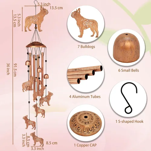 Miniatura 3 de GDNSFIT Campanas de viento de Bulldog para exteriores, Campanas de viento de metal, Regalos de Bulldog para mujeres/hombres, Campanas de viento