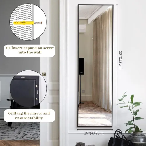 Miniatura 7 de BEAUTYPEAK Espejo de Puerta Ajustable en Altura de 16" x 50", Espejo Colgante de Cuerpo Entero Sobre la Puerta con Vidrio Templado Irrompible
