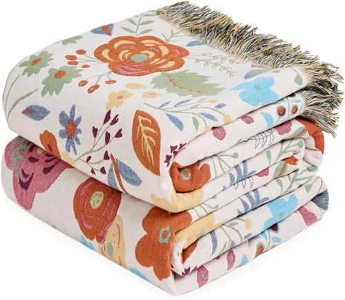 Miniatura 31 de Cobija para cama de estilo bohemio, 100 % algodón, ultra suave, edredón rústico, cobija de otoño, estampado floral, cobija grande rústica para sofá