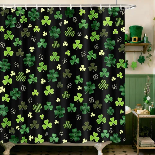 MEHOFOND Cortina de ducha del día de San Patricio, cortina de baño de trébol irlandés, trébol de la suerte negro y verde, a cuadros, decoración de
