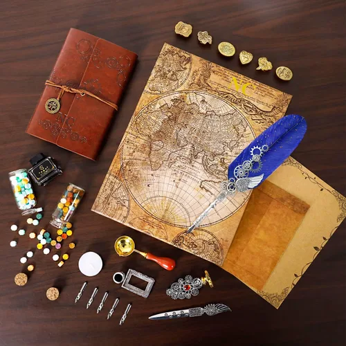 Miniatura 6 de NC Juego de Tinta de Pluma, Juego de Sello de Cera con Diario de Cuero PU y Pluma, 7 Cabezales de Sello, 2 Botellas de Perlas de Cera, para Regalo