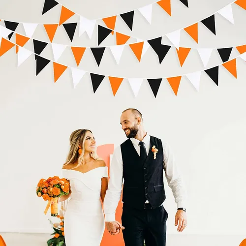 Miniatura 5 de Decoraciones de fiesta de Halloween naranja y negro de 32 pies, banderines de tela de araña, calavera y murciélagos, banderines triangulares