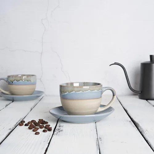 Miniatura 4 de Bosmarlin Juego de 2 Tazas de Capuchino de Cerámica y Platillo, 10 Oz, Tazas de Café para Café con Leche, Espresso, Té, Aptas para Lavavajillas
