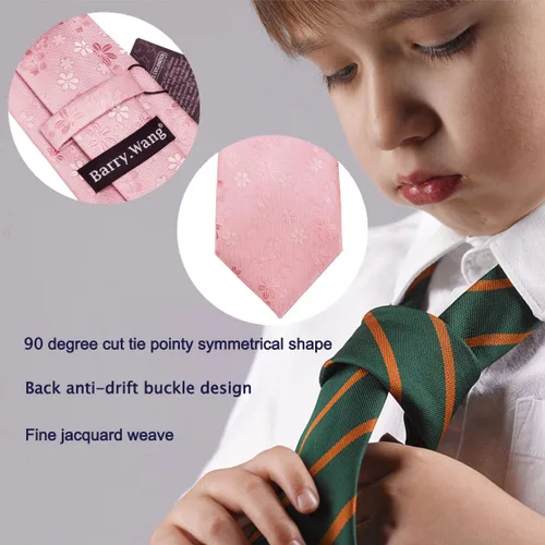 Miniatura 12 de Barry.Wang Corbata de niño regular seda tejida rayas sólido lazo bolsillo cuadrado