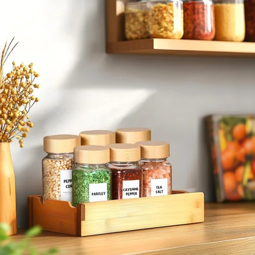 Miniatura 7 de ComSaf 4 onzas 6 piezas de tarros de especias de vidrio con etiqueta, recipientes de especias vacíos con tapas de bambú, recipientes de condimentos