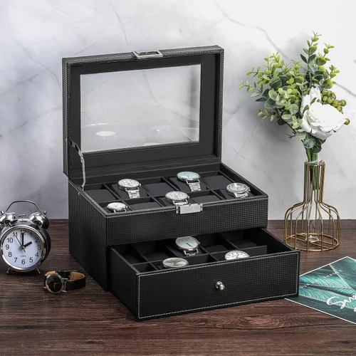 Miniatura 2 de BASTUO Caja de reloj 20 relojes organizador de exhibición de cuero de fibra de carbono de lujo, caja de colección de joyas para hombres y mujeres