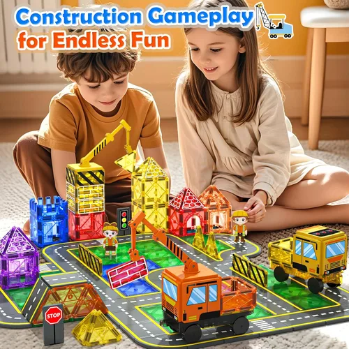 Miniatura 8 de Soyee 102 azulejos magnéticos con 2 autos y 2 grúas imán, construcción de juguetes para niños para juego creativo y aprendizaje STEM para niños