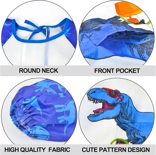 Miniatura 4 de PASHOP Bata de arte para niños, de unicornio, impermeable, para niñas, niños, manga larga, hasta la rodilla, con bolsillo (dinosaurio azul, 3-7 años)