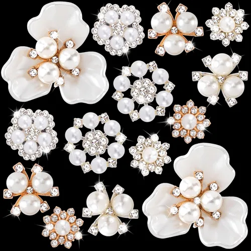 Miniatura 12 de HINZIC 40 piezas de botones de diamantes de imitación de perlas, broches de flores, adornos dorados y plateados, dijes decorativos de boda