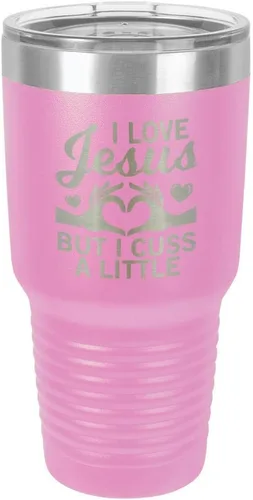 Miniatura 11 de Taza de viaje con texto en inglés "I Love Jessus I CUSS A LITTLE Engraved Tumbler", de acero con recubrimiento de polvo grabado con láser, sin BPA