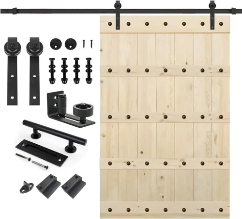 Miniatura 30 de S&Z TOPHAND 20 pulgadas x 84 pulgadas. Puerta de granero anudada británica sin terminar con kit de herrajes deslizantes de 4 pies/madera