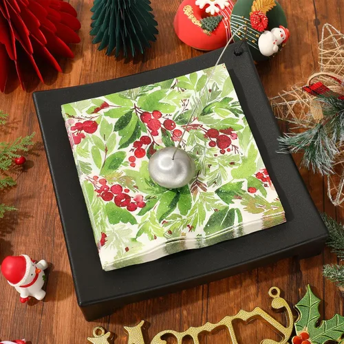 Miniatura 4 de Servilleta de papel de Navidad de 6.5 x 6.5 pulgadas, para acuarela, muérdago, cena, servilleta desechable para Navidad, suministros de decoración