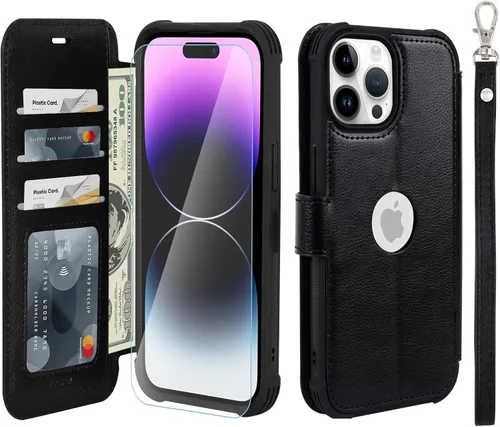 VANAVAGY Funda tipo cartera compatible con iPhone 14 Pro para mujeres y hombres, funda de piel sintética con correa para la muñeca para carga