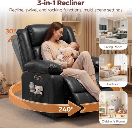 Miniatura 5 de Silla reclinable giratoria eléctrica con motor doble, sillón reclinable eléctrico con masaje por vibración y calor, luz LED, silla reclinable