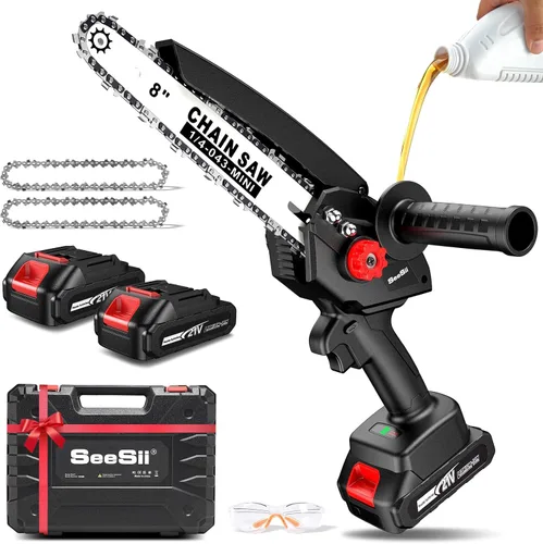 Miniatura 12 de SEESII Mini motosierra inalámbrica, de 8 pulgadas y 6 pulgadas, motosierra eléctrica con 2 baterías y engrasador automático, motosierra de mano sin